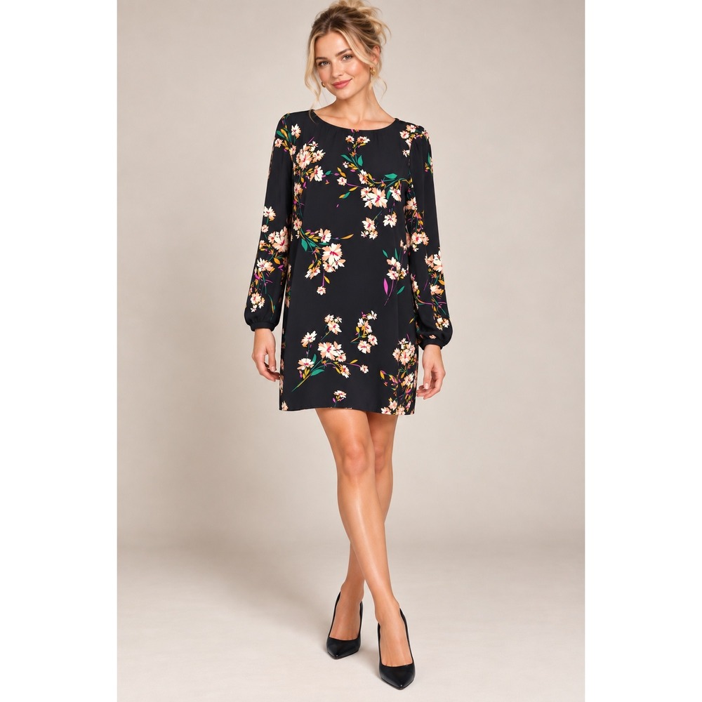 Lulus Herbaceous Babe Navy Blue Floral Print Shift Dress Long Sleeve Medium